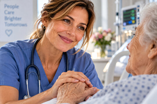 Compassionate female doctor comforting an elderly patient in a modern hospital, representing professional healthcare, empathy and patient support