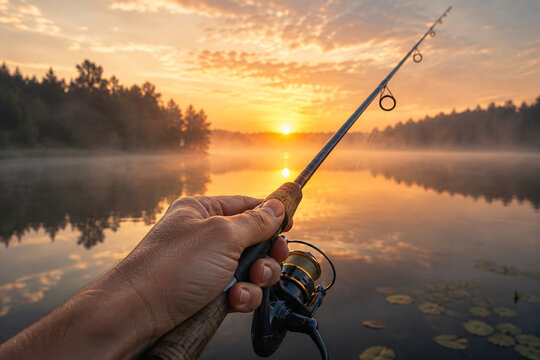 Angler holding a fishing rod over a misty forest lake at sunrise, creating a peaceful outdoor recreation and fishing scene