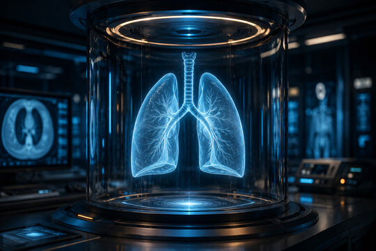 Futuristic holographic visualization of healthy human lungs and respiratory anatomy inside an advanced medical laboratory, representing healthcare innovation and diagnostic technology
