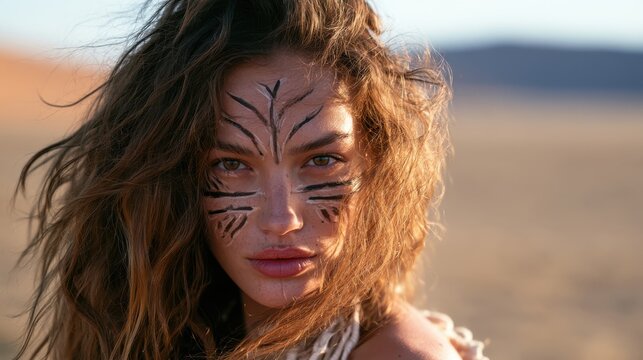 Woman with Tribal Face Paint in Desert Landscape, Capturing the Spirit of Nature, Beauty, and Culture in a Breathtaking Outdoor Environment