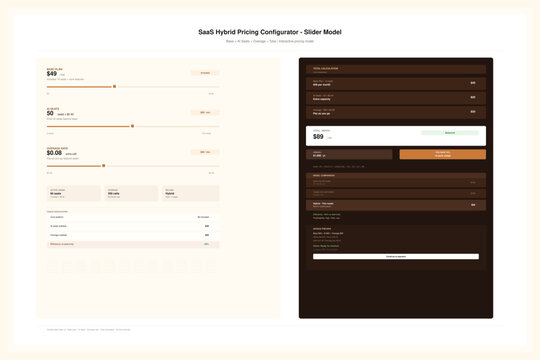 Hybrid SaaS pricing calculator with slider for base plan and overage