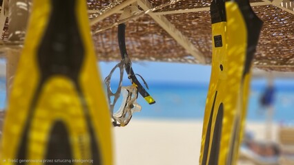 Snorkeling gear with yellow fins and mask on a tropical beach by the Red Sea © mirame111