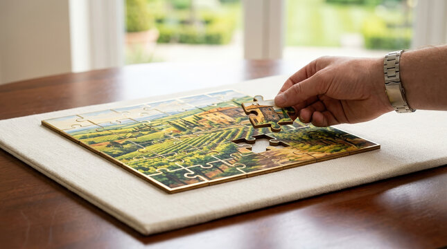 Hand placing a missing piece into a jigsaw puzzle on a wooden table. Person assembling a picture of a vineyard landscape. Leisure activity and problem solving concept