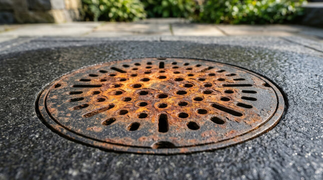 Heavily rusted circular metal drain cover embedded in dark stone paving. Close up low angle view of oxidized iron grate with blurred green foliage background