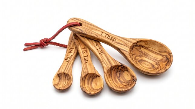 Set of Olive Wood Measuring Spoons Isolated on White Background