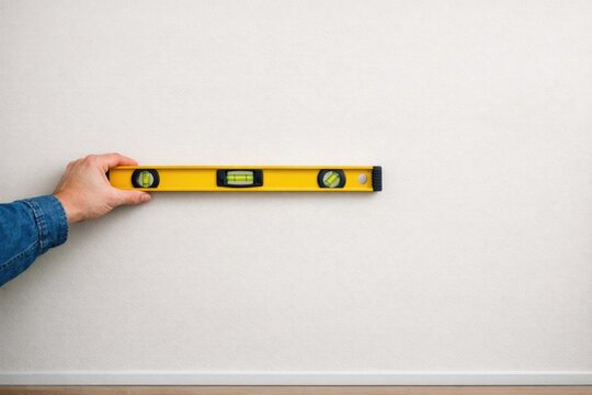 A person holding a level on a wall for measurement purposes, suitable for DIY or construction projects