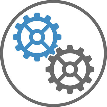 Blue and gray interlocking gears inside circular frame symbolizing industrial mechanical systems or collaborative technical processes.