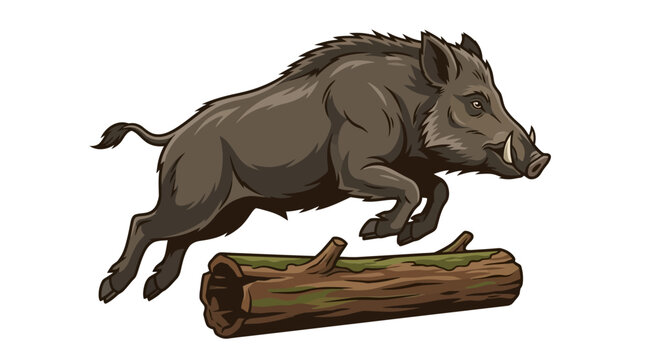 Dynamic vector illustration of a wild boar leaping over a fallen mossy log. Detailed wildlife art featuring a powerful hog with sharp tusks in mid-air action on a white background.