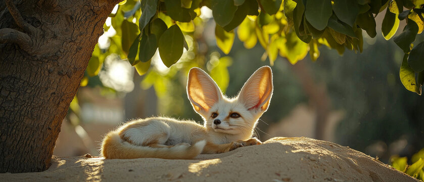 Sunlit fennec fox with large ears rests on sandy ground under dappled green leaves from a tree