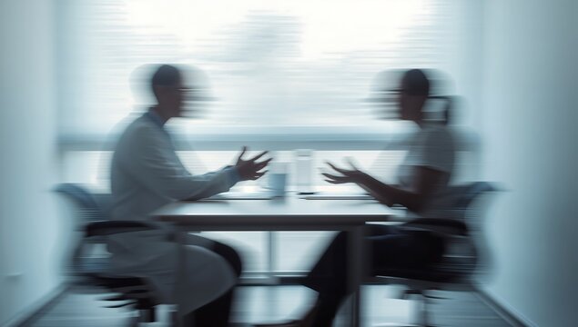 Generative AI depicting a blurred interaction between two professionals in a modern office
