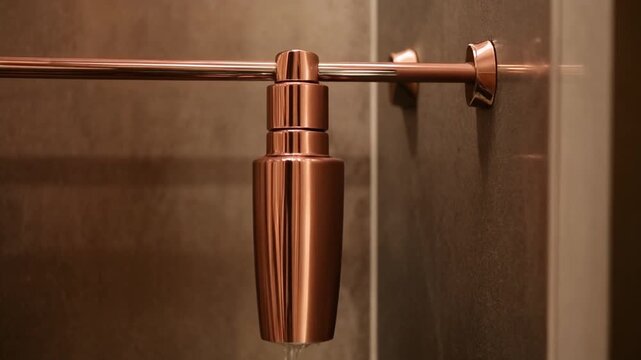 Copper cocktail shaker hanging on a copper bar in a modern bathroom with warm ambient lighting