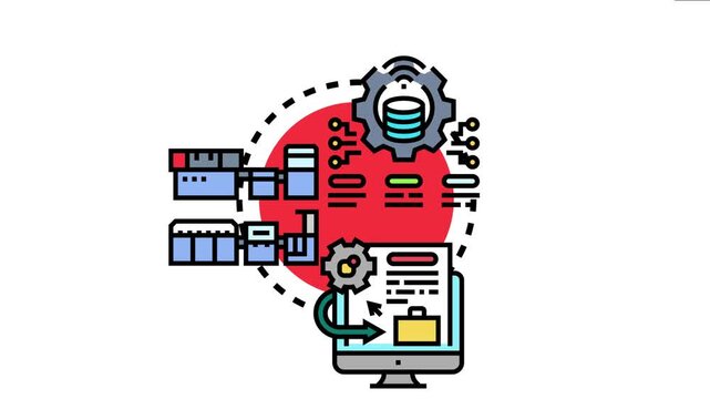 Machinery and system integration icon concept showing industrial equipment connecting with data systems and computers for efficient automation