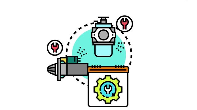 Machinery component reverse lookup concept featuring engine parts like a starter and carburetor, symbolizing identification, diagnostic, repair, and replacement processes