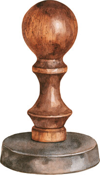 Watercolor illustration of a vintage wooden rubber stamp isolated on transparent background.