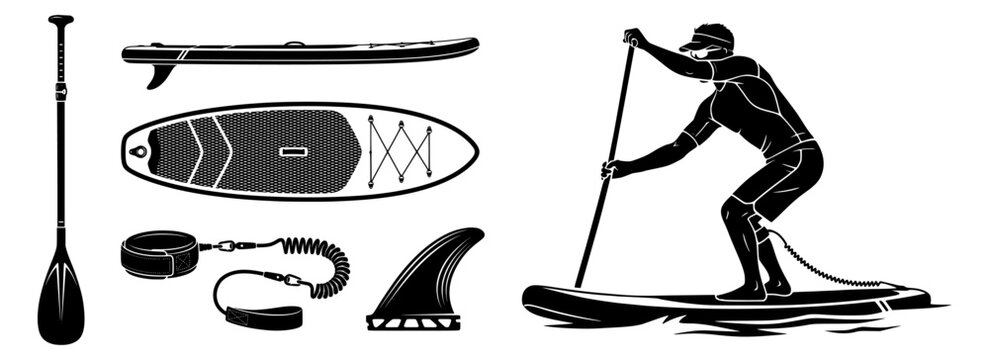 Stand Up Paddleboard Equipment and Paddler Vector Silhouette Set: SUP Board, Paddle, Leash, Fin, and Waterproof Bag
