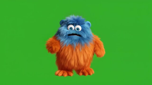 Furry Blue Monster Dancing with Sad Expression on Green Screen Background