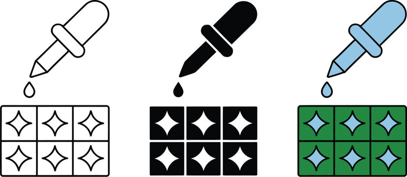 Dropper icon set for liquid substance and testing tray