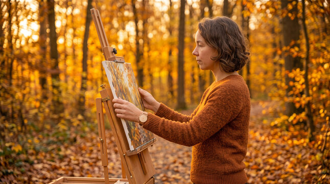 Woman painting on an easel in a colorful autumn forest landscape