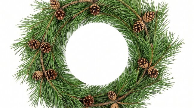 Christmas Pine Wreath with Cones and Central Copy Space on White