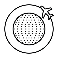 Linear icon showing an airplane flying around a dotted global map with globe map © Rayna