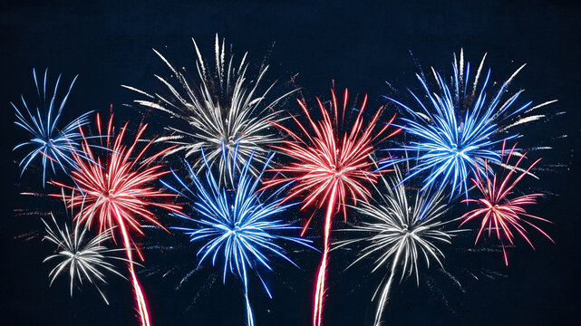 USA america united states new year, new years eve or Independence Day, 4th of July celebration holiday background greeting card - Blue red white firework on dark night sky