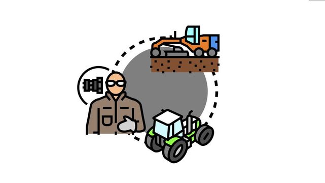 Worker planning equipment modernization and improvement, demonstrating the lifecycle of industrial machinery maintenance and technological advancement on a white background