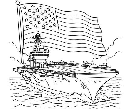 Aircraft Carrier Ship with American Flag Patriotic Line Art Vector