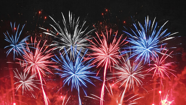 USA america united states new year, new years eve or Independence Day, 4th of July celebration holiday background greeting card - Blue red white firework on dark night sky