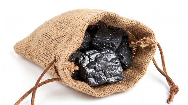 Natural black coal lumps in a small burlap sack on white