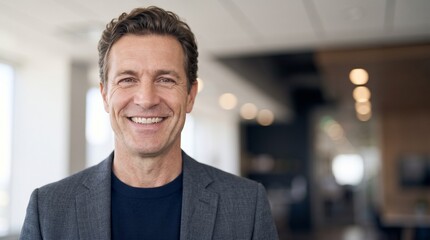 Fototapeta premium Portrait of smiling middle aged caucasian male corporate manager looking into camera in modern blurred office background while analyzing current market inflation and global financial risks.
