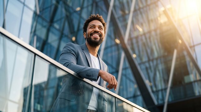 Successful African American businessman standing on office balcony against glass skyscraper exterior, reflecting fintech innovation, corporate strategy, future investment and career progress.