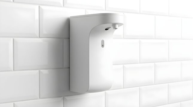 Close up of modern white touchless automatic soap or sanitizer dispenser mounted on white subway tile wall in clean bathroom or public restroom.