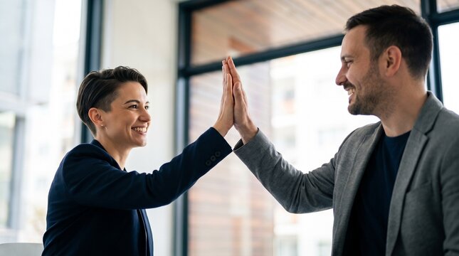 Happy business colleagues giving high five at meeting room table celebrating successful deal, smiling short hair woman and male partner teamwork victory corporate agreement gesture concept
