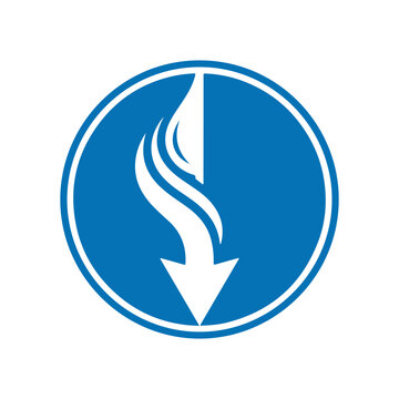 Circular blue downward arrow graphic with wavy stylized motion lines represents concept of descent and reduction for branding.