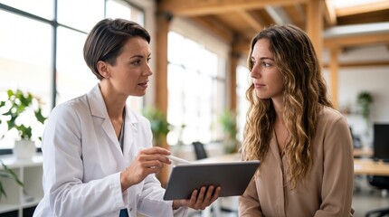 Obraz premium Female doctor or medical expert presenting digital tablet data to female patient in clinic. Professional health insurance consultant explaining medical diagnosis, care plan and technology.