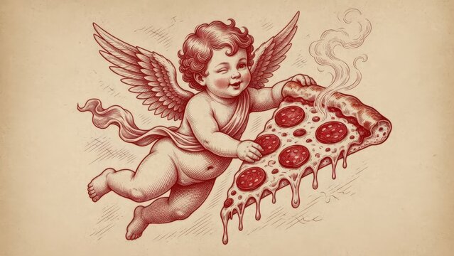 Cupid holding a slice of steaming pepperoni pizza in a vintage etching style on a textured paper background.