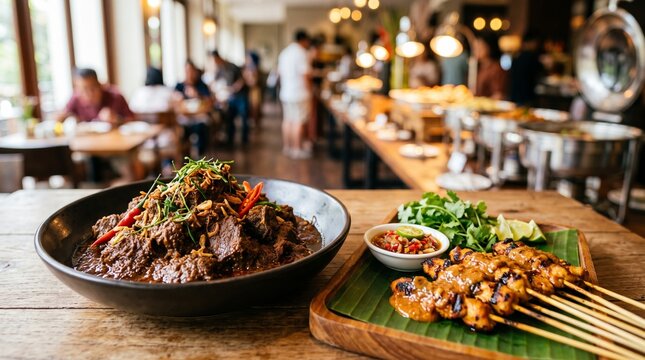 Beef rendang and chicken satay skewers served on a wooden table in a restaurant.