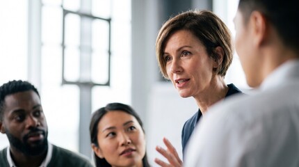 Obraz premium Mature female executive speaking at corporate meeting, providing business consulting, financial strategy coaching and team leadership for diverse multiracial colleagues in modern office room