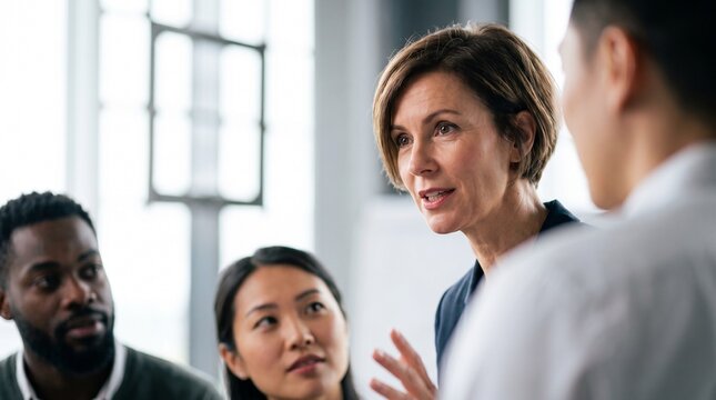 Mature female executive speaking at corporate meeting, providing business consulting, financial strategy coaching and team leadership for diverse multiracial colleagues in modern office room