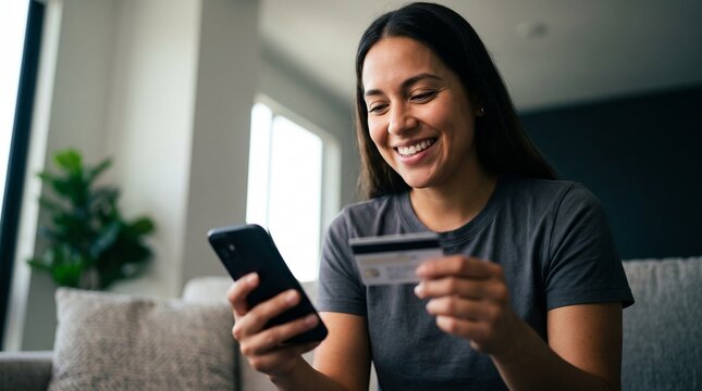 Happy Hispanic woman using credit card and smartphone for online banking, digital shopping, e-commerce transactions, secure mobile payments, and personal finance management at modern home couch.