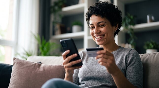 Smiling woman holding credit card and smartphone for easy mobile payment and fintech transactions. Female user performing safe online banking, e-commerce purchase and home budgeting app.