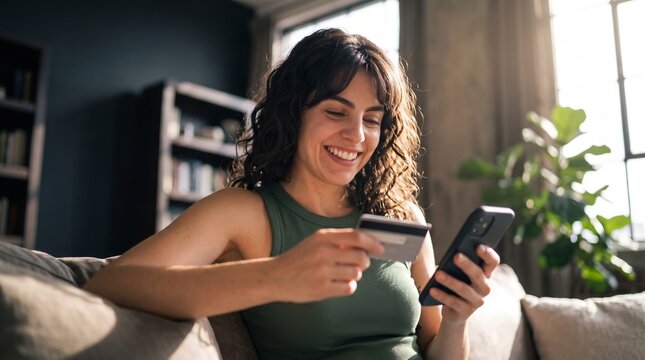 Smiling woman with dark curly hair making online purchase using credit card and mobile phone on sofa, managing personal budgeting, digital payment, mobile banking and e-commerce shopping.