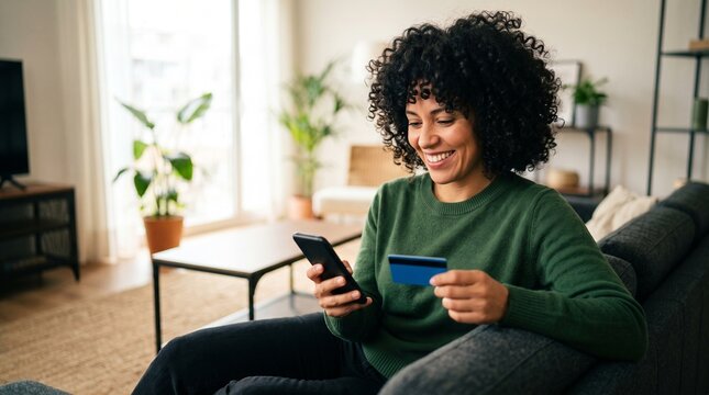 Happy woman with dark afro curly hair using credit card and smartphone on couch at home, enjoying online banking, mobile payment, digital shopping, e-commerce transaction and financial security.