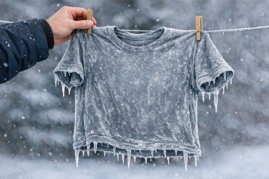 A person holds a T-shirt on a clothesline in snowy weather, great for winter scenes or cold climate images