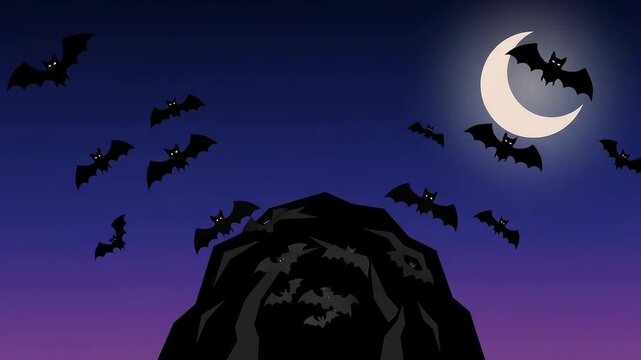 Swarm of Bats Flying Out of Cave Under Crescent Moon