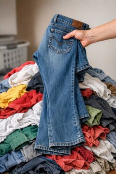 A person holding a pile of jeans, useful for fashion or lifestyle photography
