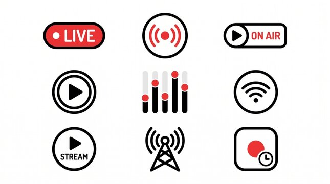 Minimal LIVE Streaming Symbols and Broadcast Signal Badges in Bold Red Vector Illustration Style