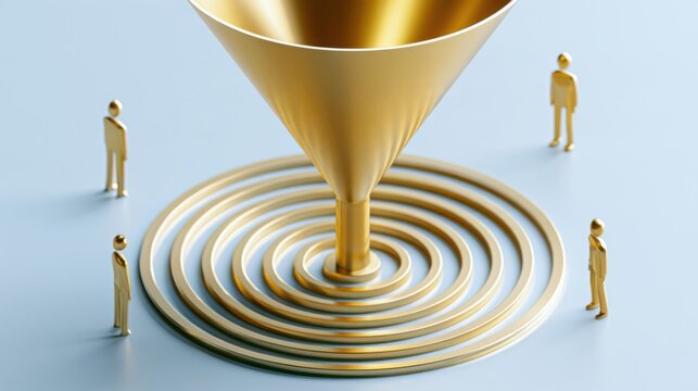 Golden funnel with small figures around it, symbolizing a business process or strategy