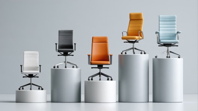 A line of five executive office chairs of different colors and heights, arranged on pedestals of increasing height, symbolizing career progression.