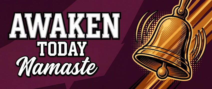 Awaken Today Namaste Bell Illustration Vintage Pop Art Comic Book Banner Background For Yoga Mindfulness Meditation Morning Motivation Spiritual Awakening Graphic Poster Header Concept Design